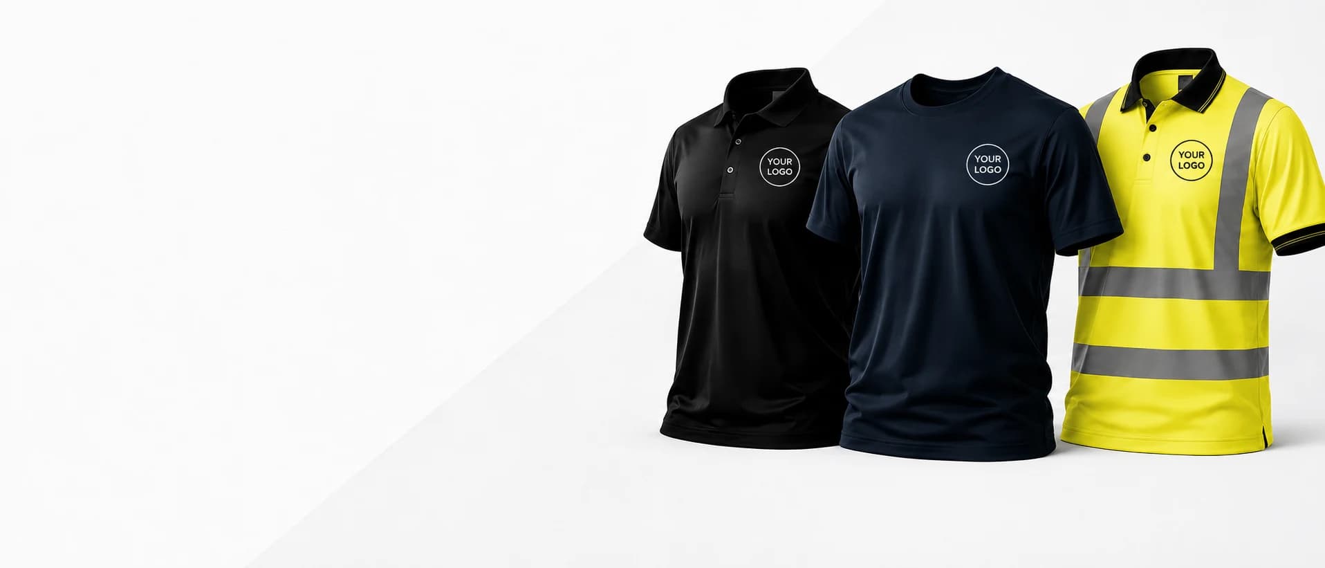 Black polo, navy t-shirt and hi-vis polo with your company logo — custom branded workwear printing in Orpington